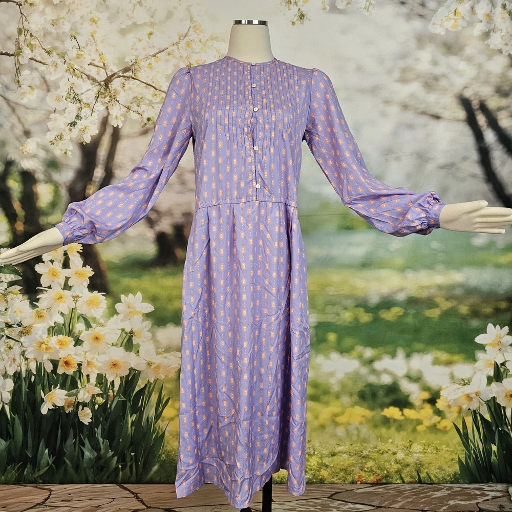 Vintage 1980's Dress Lilac Purple Print Long Sleeve Silky Retro Button Front‎ - Picture 12 of 12